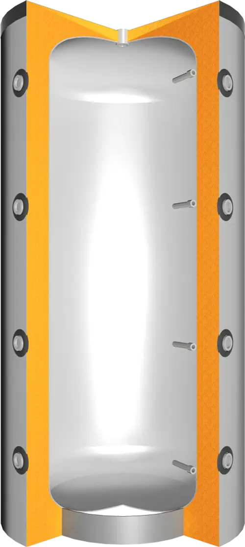 Vertikaler Pufferspeicher von Juratherm in zylindrischer Form, mit einer glatten metallischen Oberfläche und orangefarbenen Isolierstreifen, ohne Wärmetauscher.